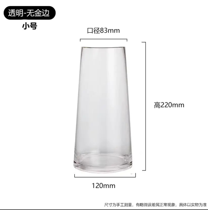 Clear glass vase with dimensions on a white background