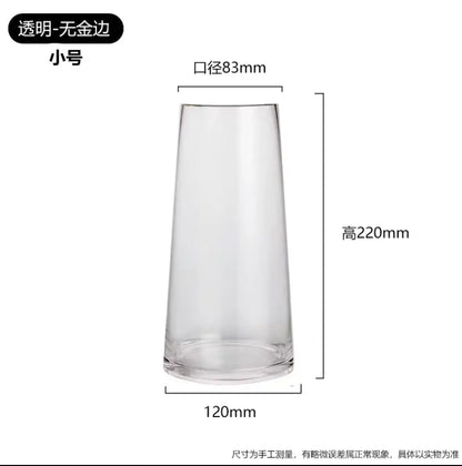 Clear glass vase with dimensions on a white background