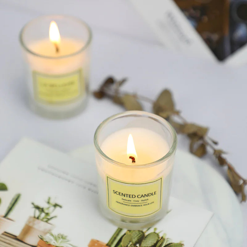 Two scented candles on a surface with a plant-themed magazine underneath.