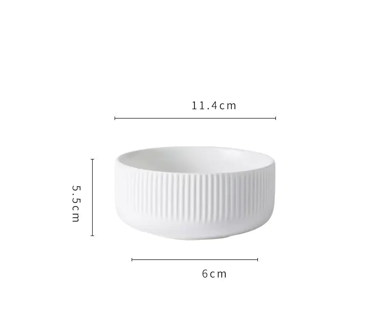 White ceramic bowl with dimensions on a white background