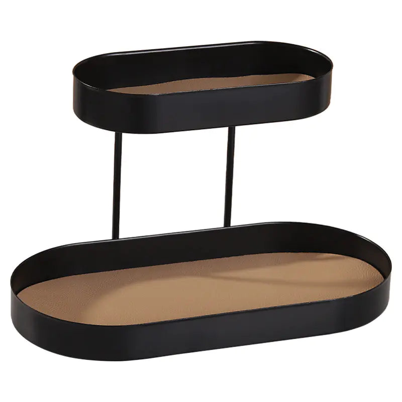 Two-tiered black metal shelf with beige felt lining on a white background