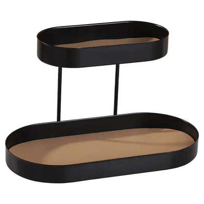Two-tiered black metal shelf with beige felt lining on a white background