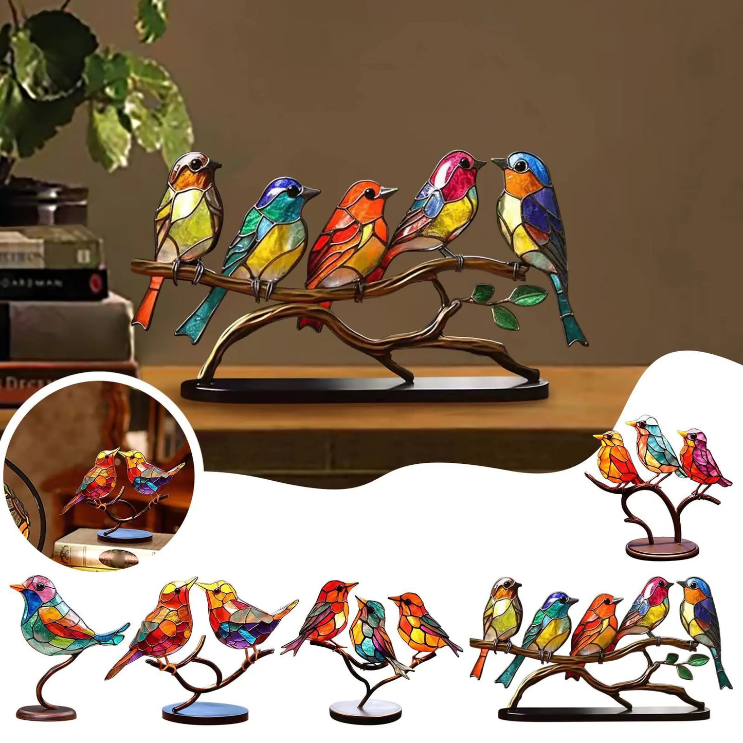 Colorful bird-shaped decorative lights on a branch with a warm background.