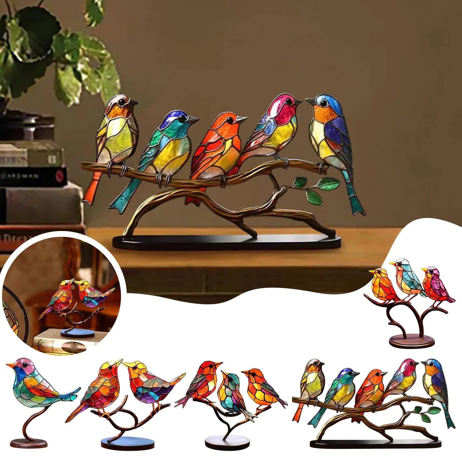 Colorful bird-shaped decorative lights on a branch with a warm background.