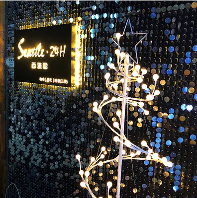 Decorative LED tree with a 'Seattle 24H CBD' sign in the background