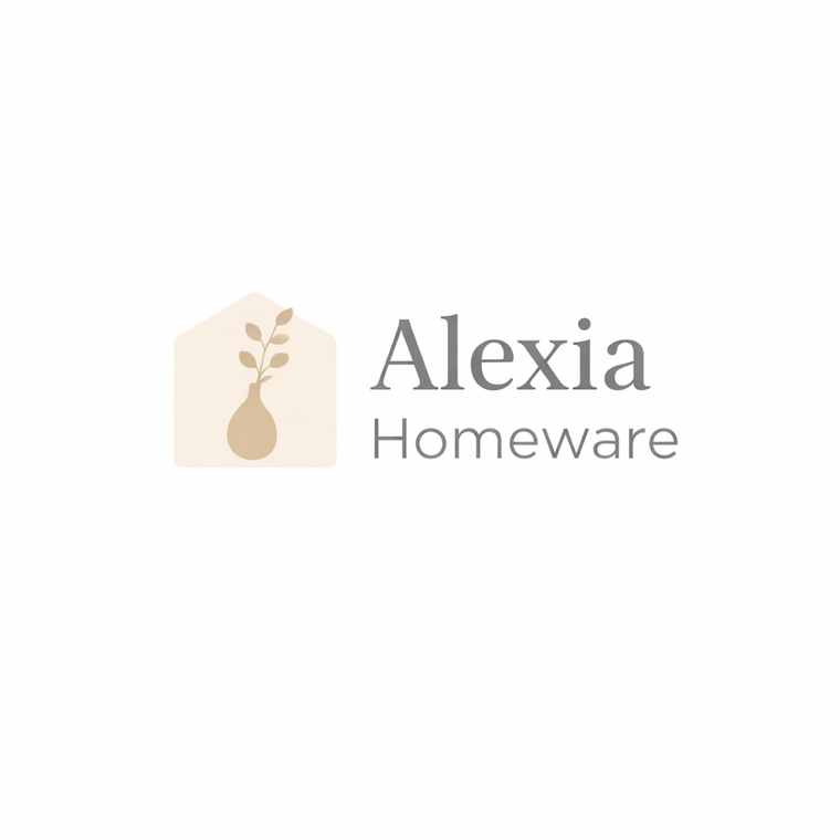 Alexia Homeware logo with a beige house and vase icon on a white background