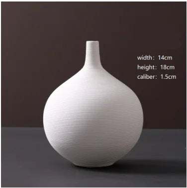 White textured vase on a dark background with measurements displayed.