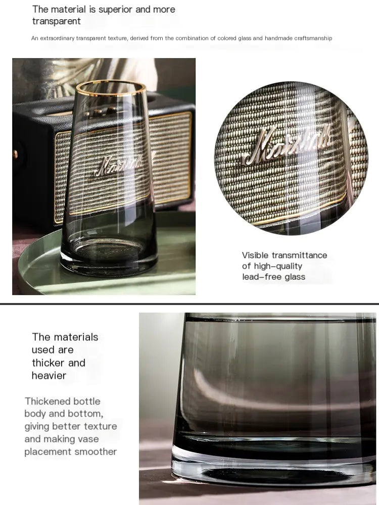 Glass vase with brand name, close-up of glass texture, and text about material properties.