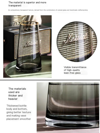 Glass vase with brand name, close-up of glass texture, and text about material properties.
